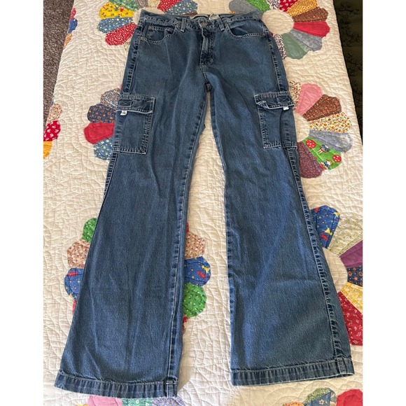 Vtg Gap Jeans Women's 10 cargo Flare High Rise Pockets Dark Wash Retro Hippie - Picture 1 of 8